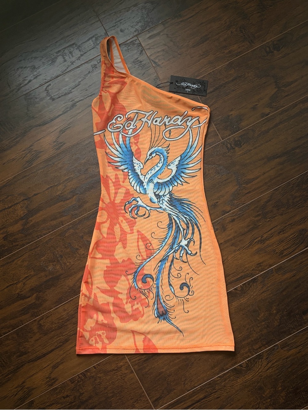 Ed Hardy Orange One-Shoulder Graphic Dress with Blue Phoenix